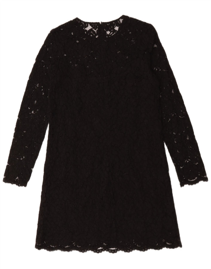 Vestido feminino vintage de manga comprida UK 12 poliéster floral preto médio