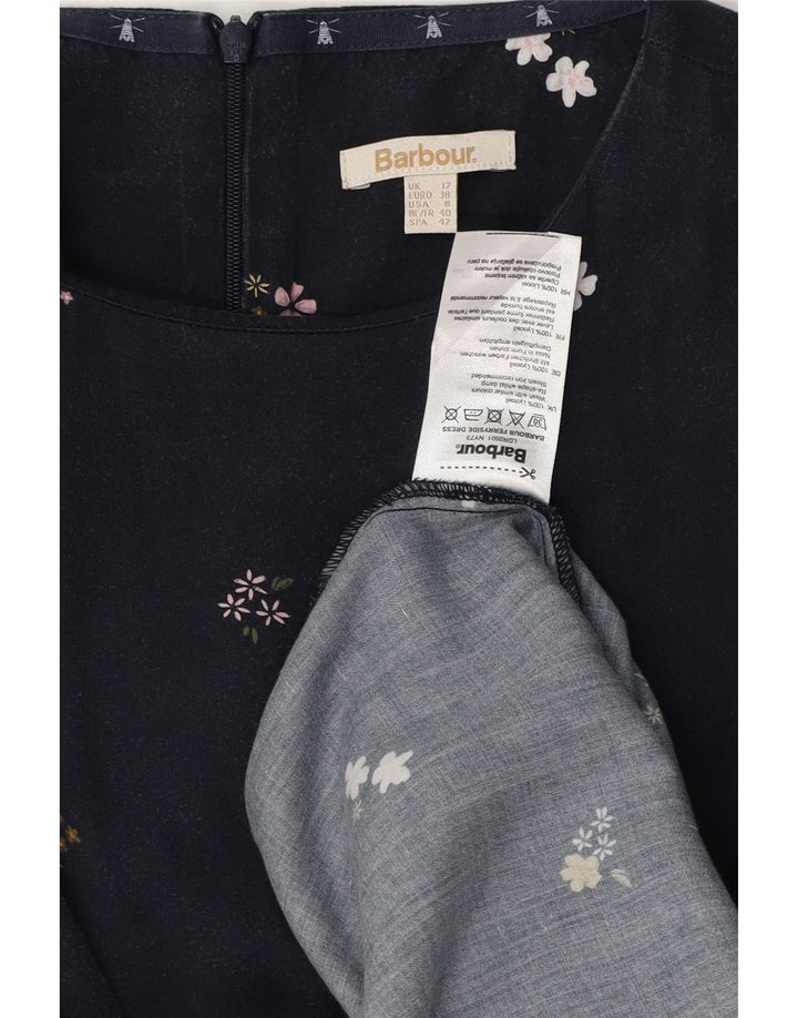 Vestido feminino BARBOUR manga comprida evasê Reino Unido 12 médio azul marinho floral