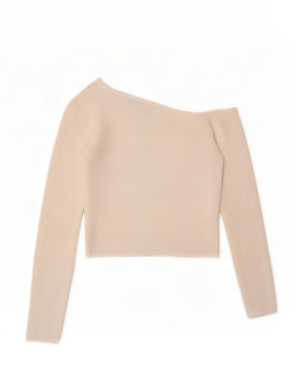 Zara Top feminino de manga comprida com ombros de fora UK 14 Viscose branca grande