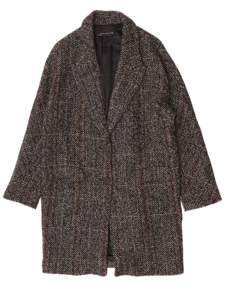 Sobretudo feminino Zara UK 14 lã xadrez cinza médio