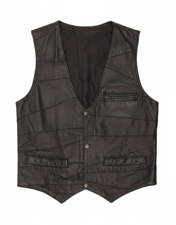 Colete de couro masculino vintage pequeno patchwork preto