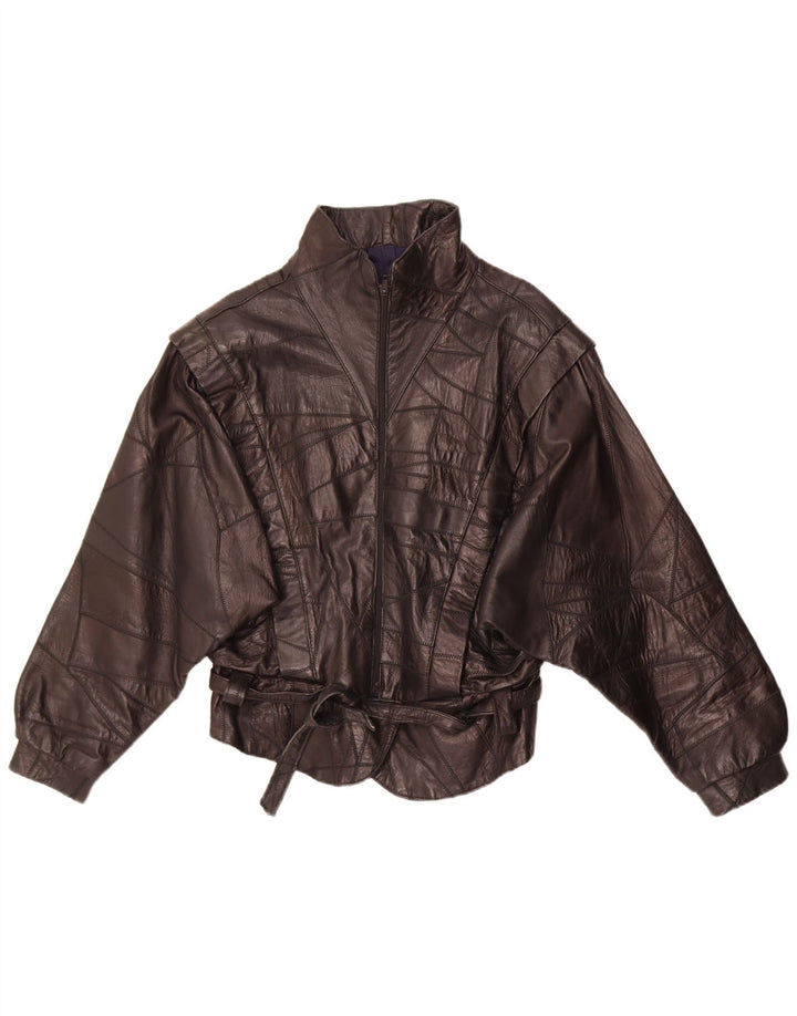 Jaqueta de couro feminina vintage UK 12 patchwork preto médio