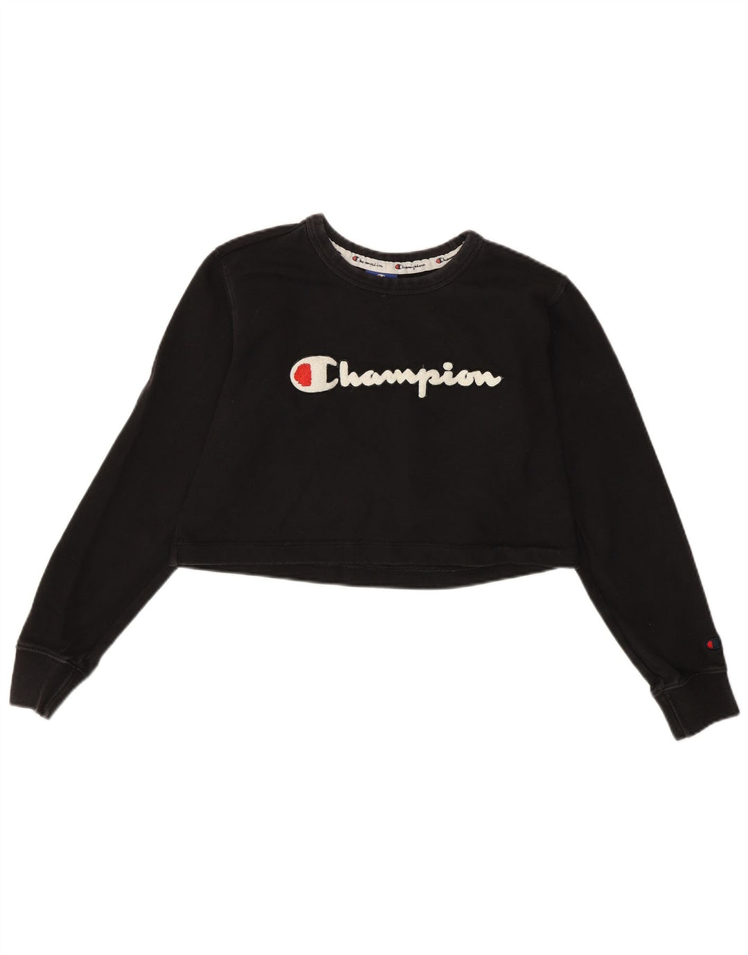 Campeão feminino cropped top gráfico manga comprida Reino Unido 10 pequeno algodão preto