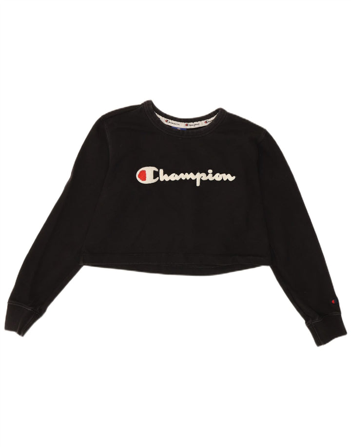 Campeão feminino cropped top gráfico manga comprida Reino Unido 10 pequeno algodão preto