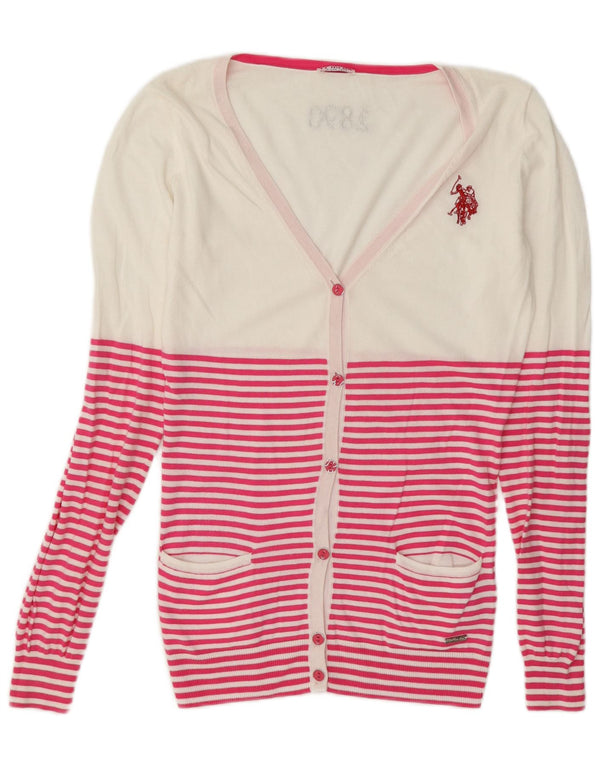 US Polo Assn. Suéter Cardigan Feminino UK 10 Pequeno Algodão Listrado Branco