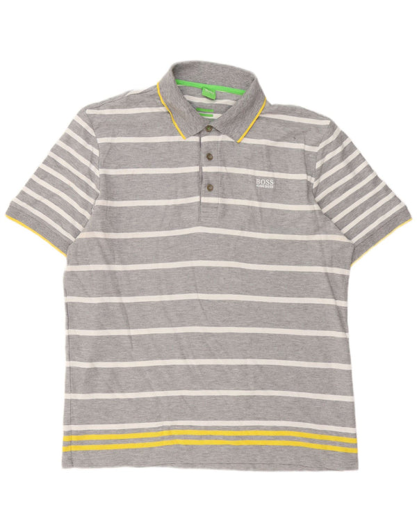 Camisa polo masculina de ajuste moderno Hugo Boss 2XL algodão listrado cinza
