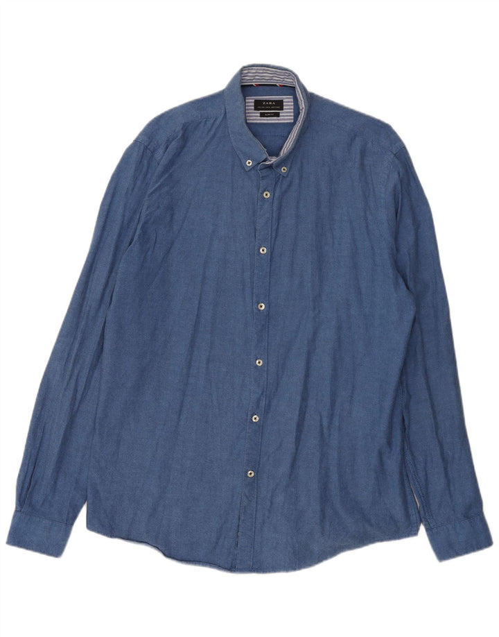 Camisa masculina Zara Slim Fit grande algodão azul