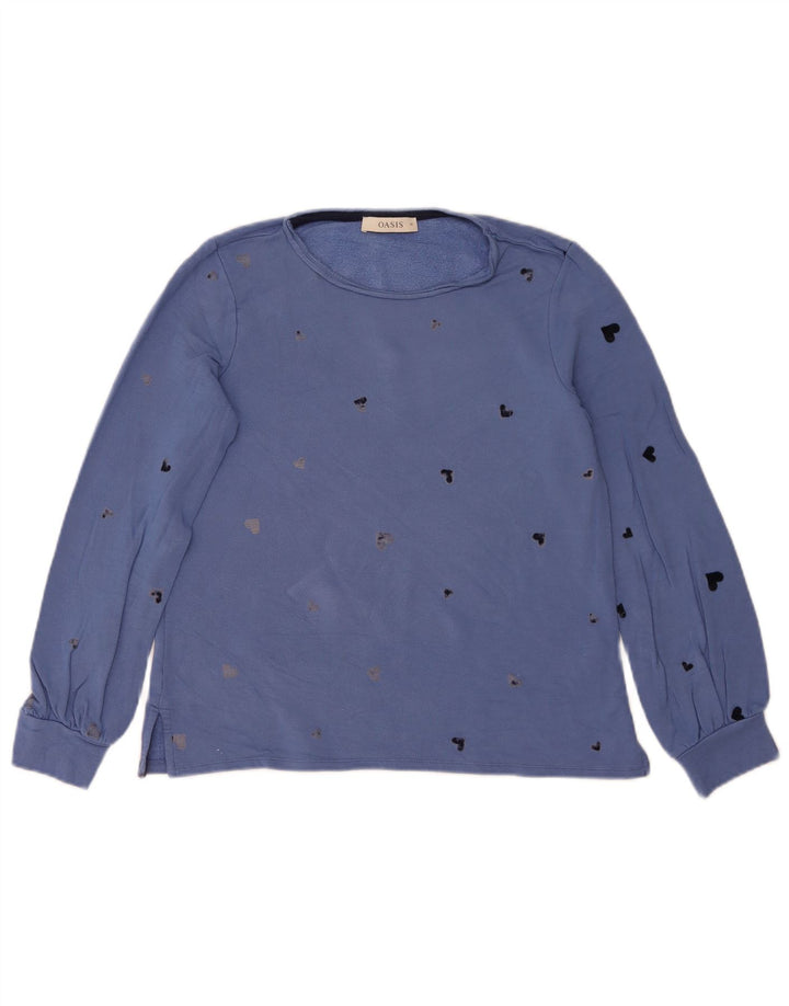 Suéter feminino Oasis com padrão abstrato Reino Unido 12 viscose azul médio