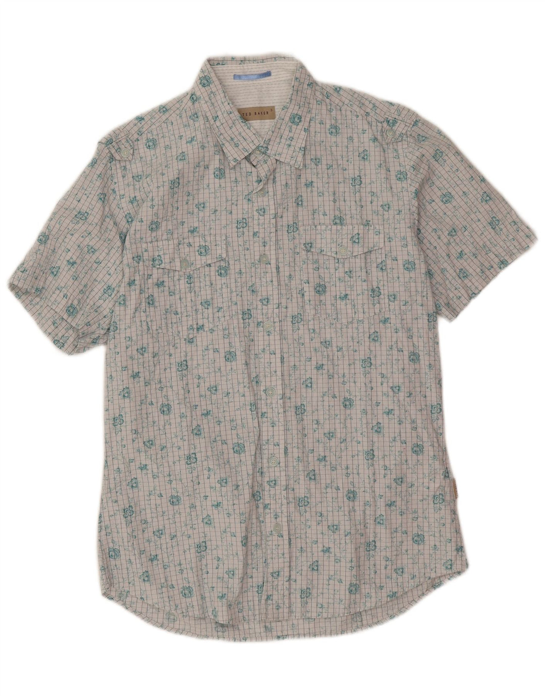 Camisa masculina de manga curta Ted Baker tamanho 3 algodão floral branco médio
