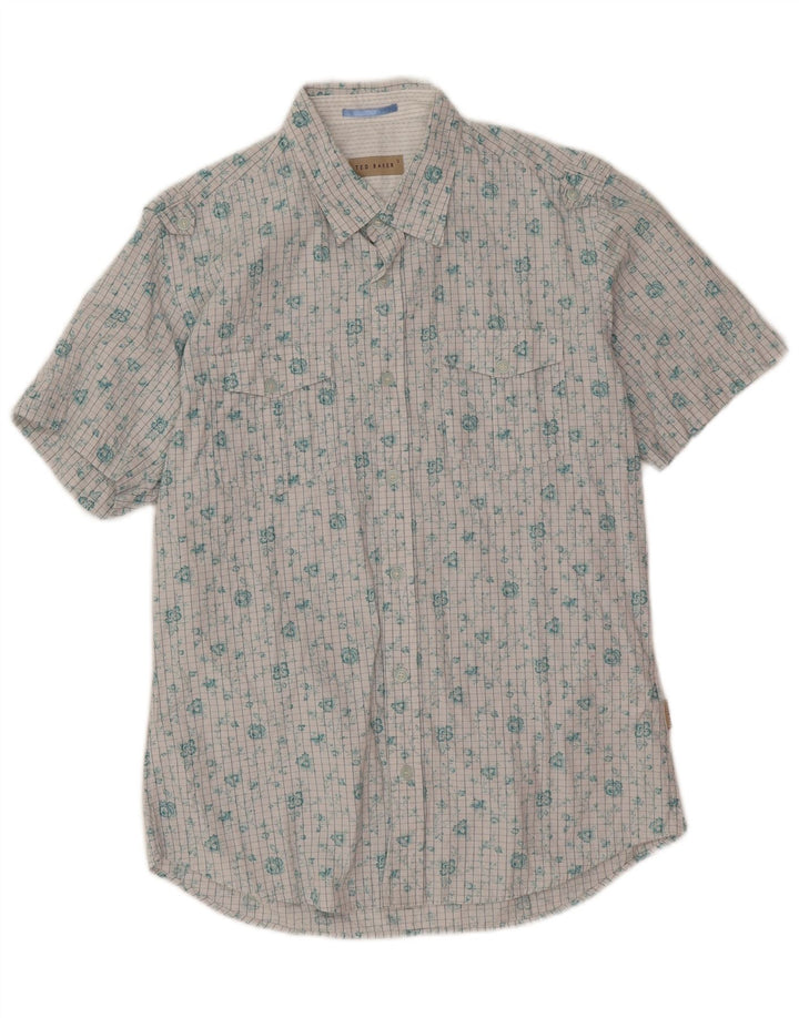 Camisa masculina de manga curta Ted Baker tamanho 3 algodão floral branco médio