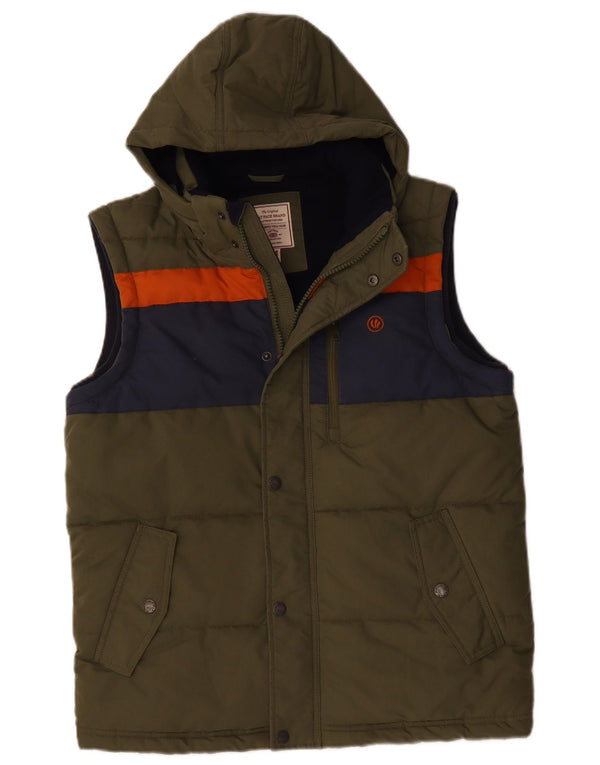 Colete acolchoado com capuz masculino Fat Face UK 38 poliéster cáqui médio Colourblock