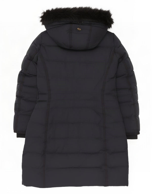 Casaco acolchoado com capuz feminino Zara UK 16 grande poliéster azul marinho