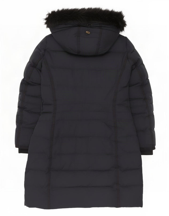 Casaco acolchoado com capuz feminino Zara UK 16 grande poliéster azul marinho