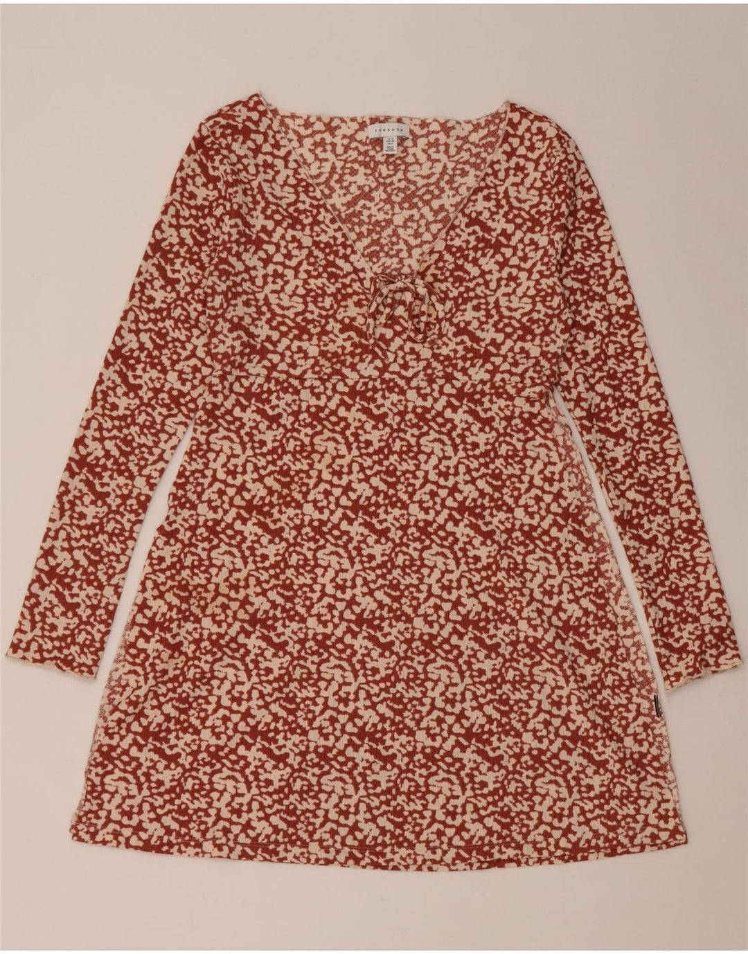 Vestido feminino Topshop com padrão abstrato evasê Reino Unido 12 médio marrom