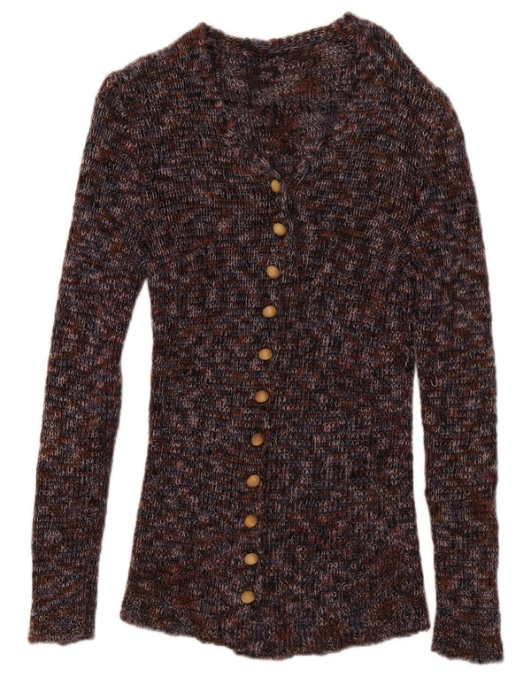 Suéter cardigã feminino vintage UK 6 XS multicolorido manchado