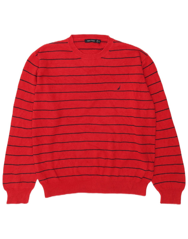 Suéter masculino Nautica com gola redonda XL de algodão listrado vermelho