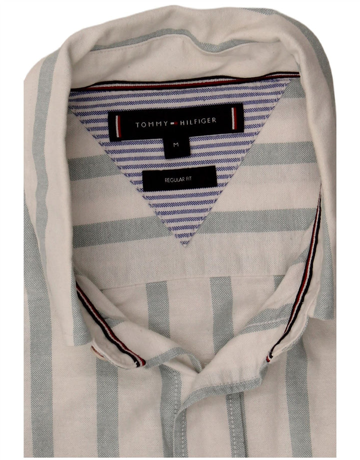 Camisa masculina Tommy Hilfiger Regular Fit média listrada branca de algodão