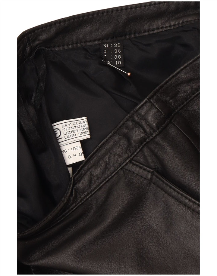 Saia feminina de couro VINTAGE Reino Unido 10 pequena W26 couro preto