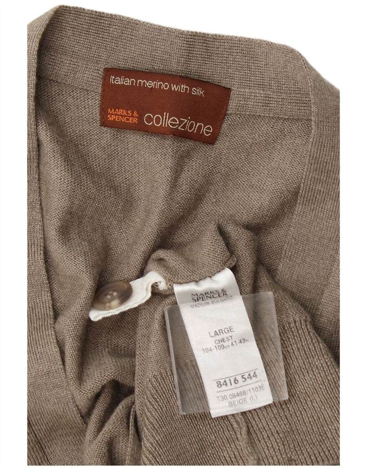 Suéter cardigã masculino sem mangas Marks & Spencer grande lã bege