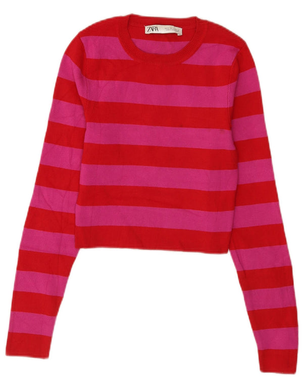 Zara Top curto feminino manga comprida Reino Unido 12 viscose listrada vermelha média