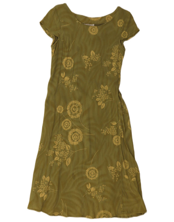 Vestido vintage feminino evasê UK 14 grande cáqui floral viscose
