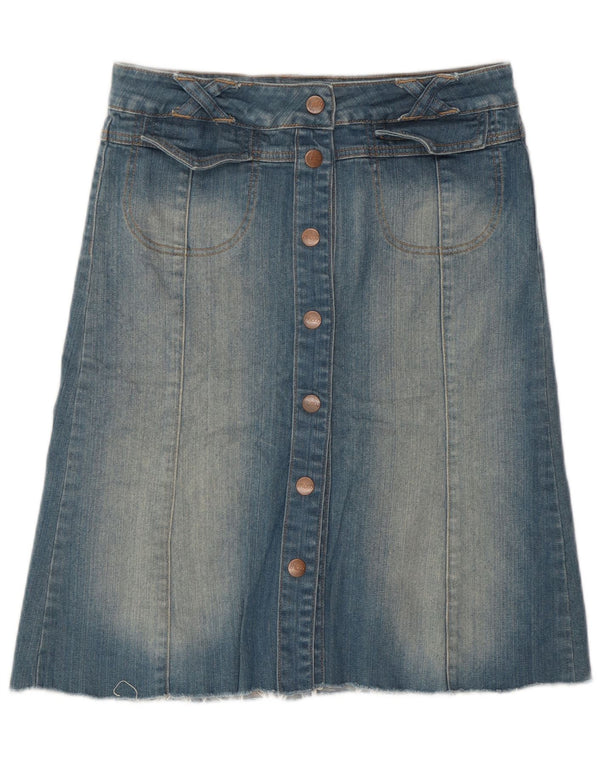 Saia jeans feminina Topshop UK 10 pequena W28 algodão azul