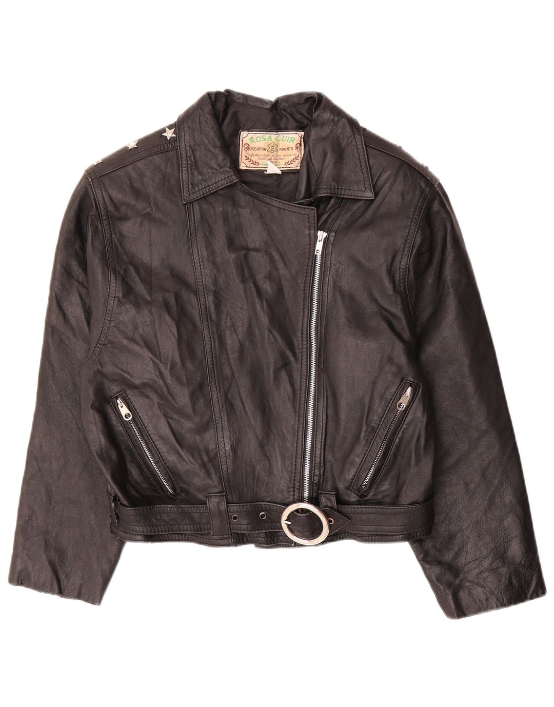 Jaqueta feminina vintage de couro para motociclista UK 12 couro preto médio