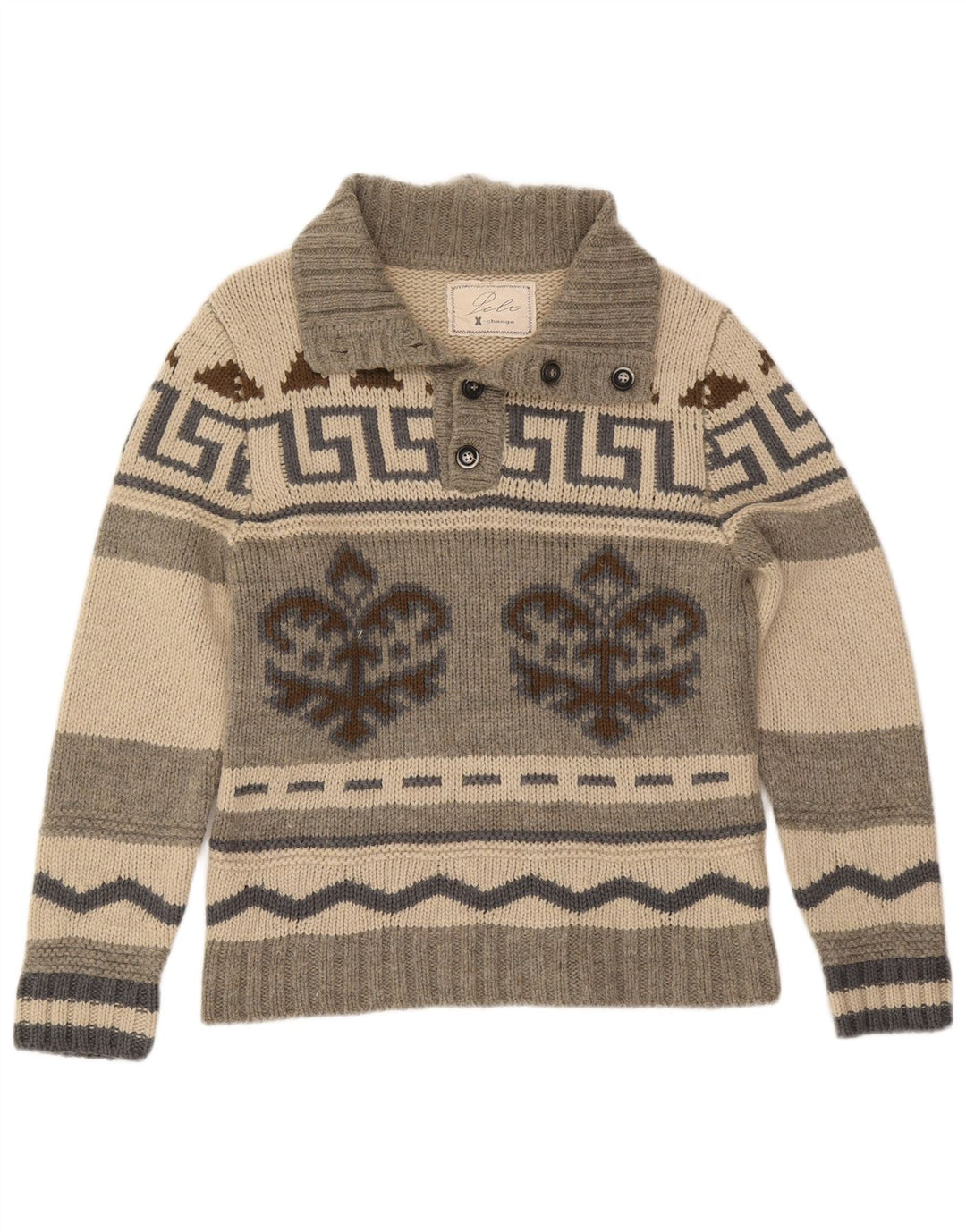 Suéter masculino vintage com gola em botão IT 50 cinza médio Fair Isle