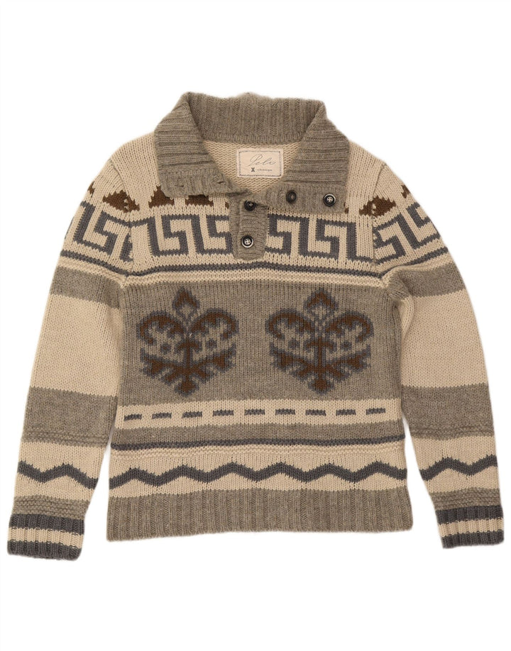 Suéter masculino vintage com gola em botão IT 50 cinza médio Fair Isle