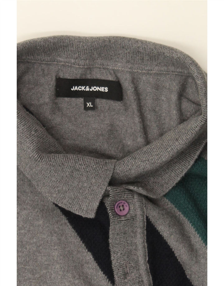 JACK & JONES Mens Polo Neck Jumper Sweater XL Grey Colourblock Vintage Jack & Jones and Second-Hand Jack & Jones from Messina Hembry 