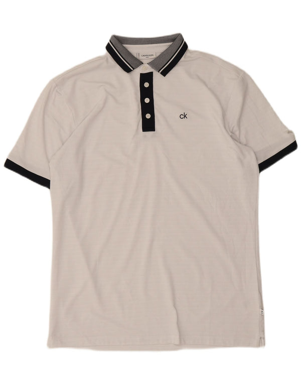 Camisa polo masculina de golfe Calvin Klein, poliéster colorblock branco médio