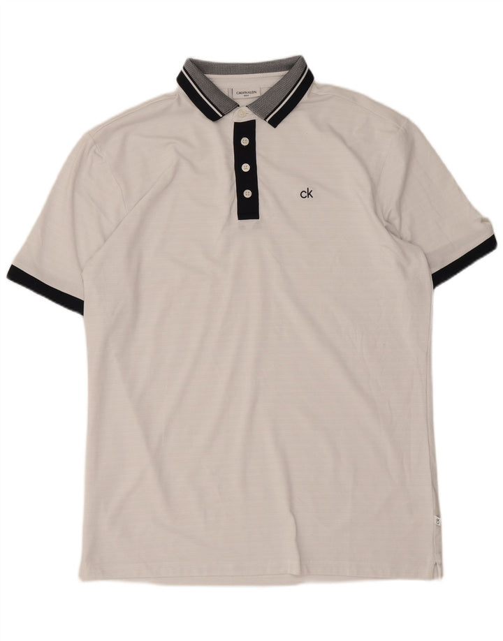 Camisa polo masculina de golfe Calvin Klein, poliéster colorblock branco médio