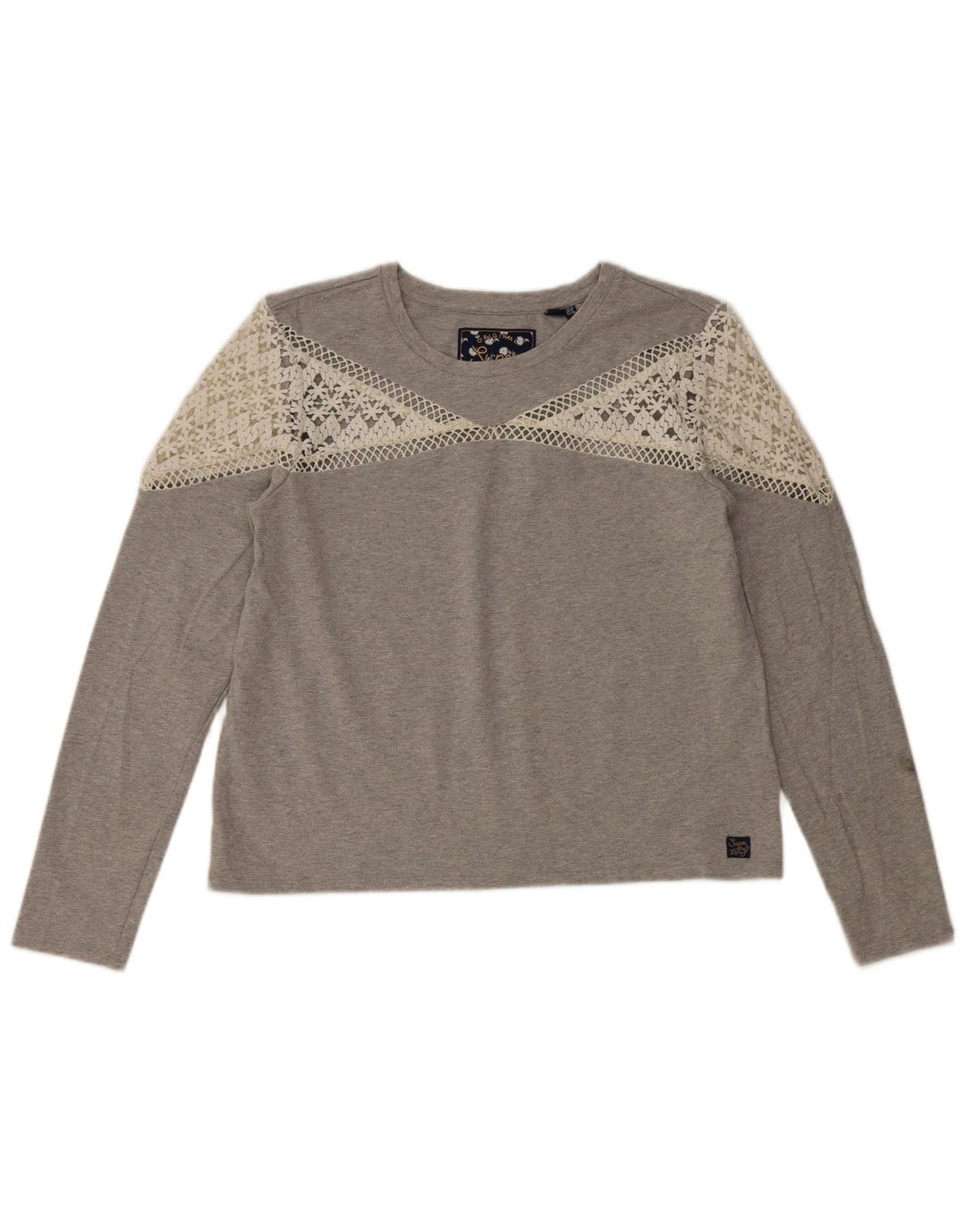 Top feminino Superdry manga comprida UK 12 algodão cinza médio