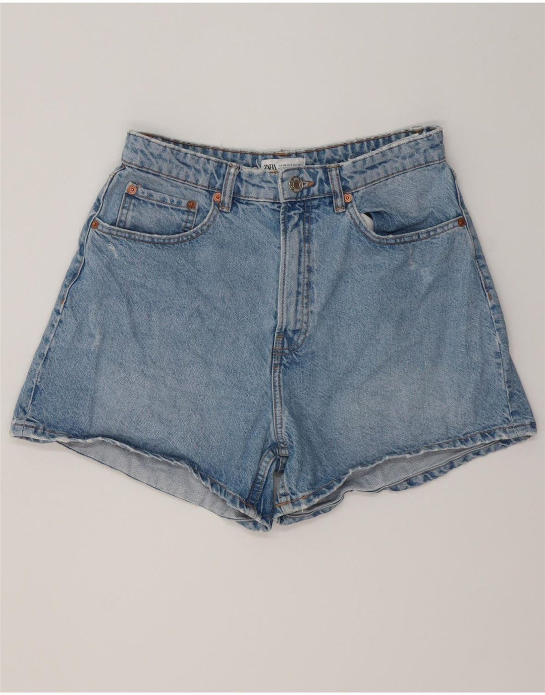 ZARA Shorts jeans feminino desgastado UE 40 médio W30 algodão azul