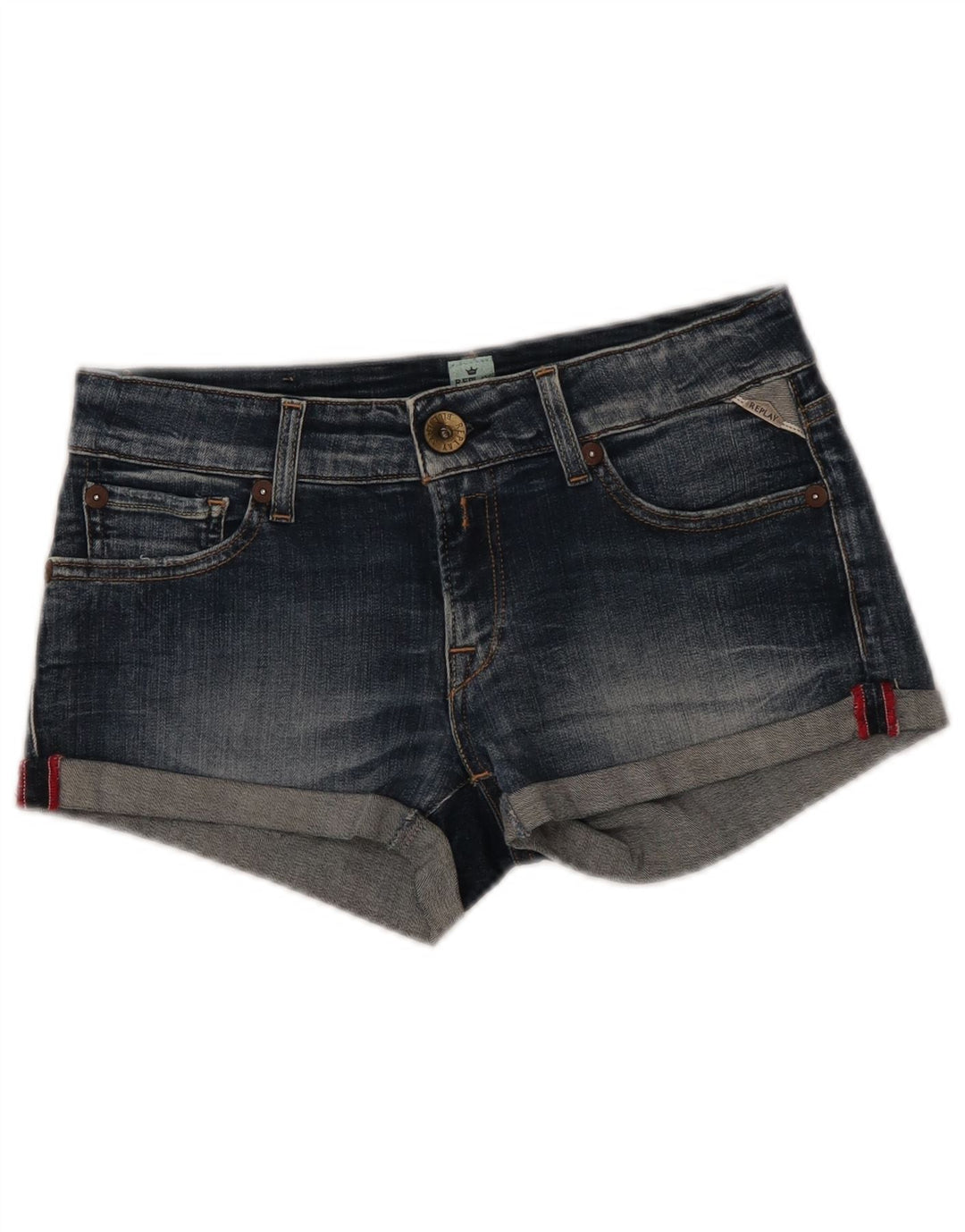 Shorts jeans feminino REPLAY W26 pequeno algodão azul