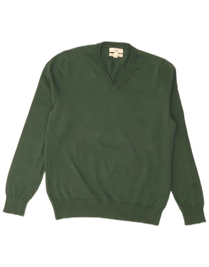Suéter masculino Marks & Spencer com decote em V, algodão verde médio