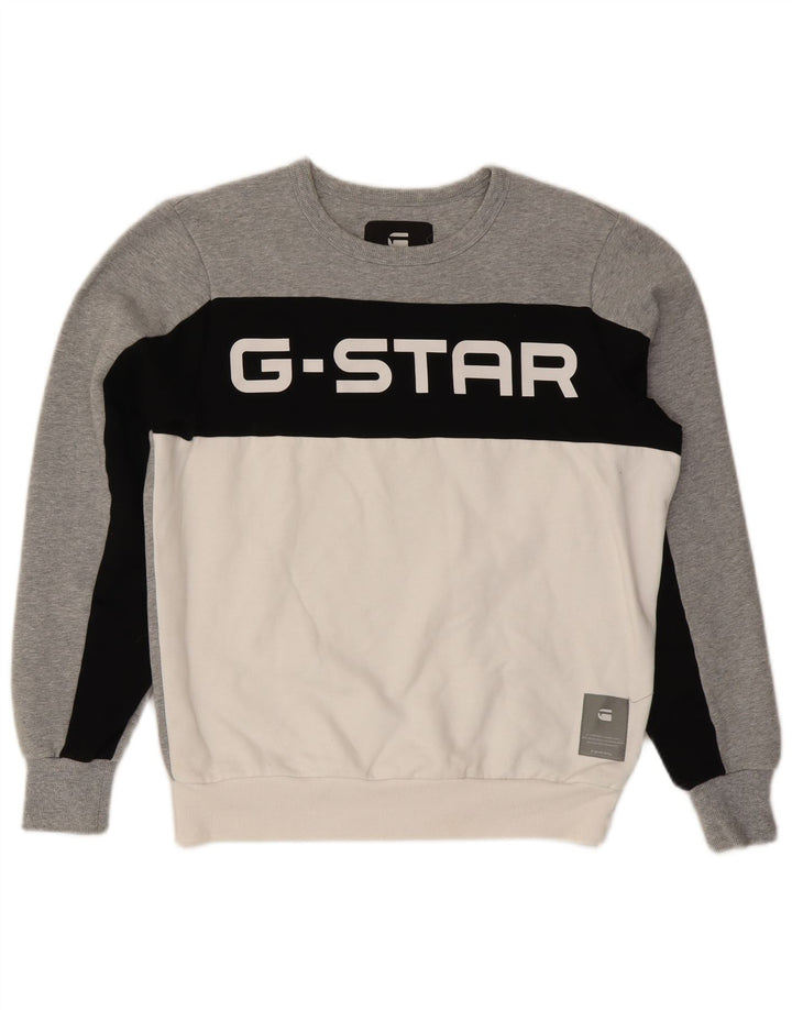 Suéter gráfico masculino G-STAR com bloco colorido cinza médio poliéster