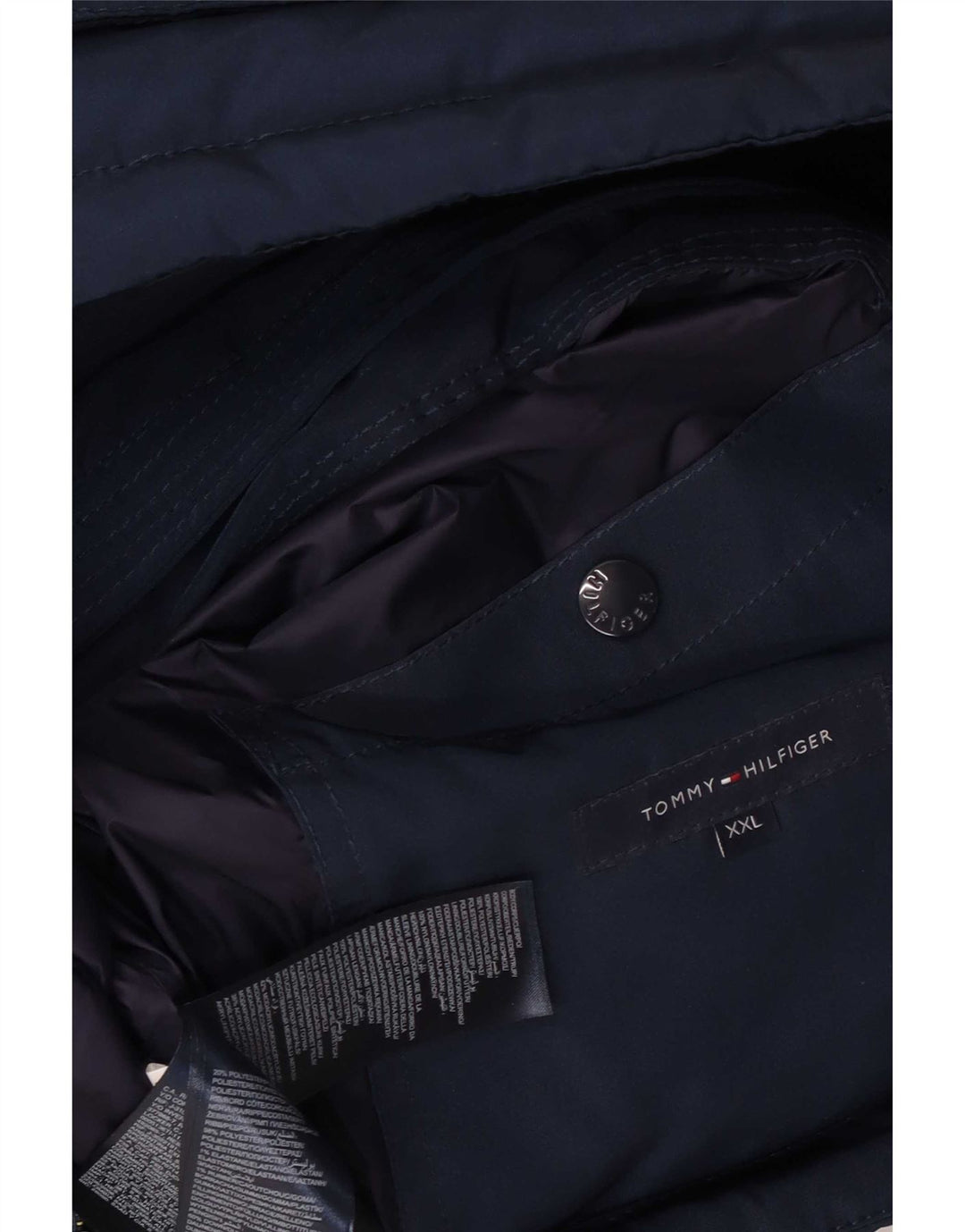 Jaqueta masculina acolchoada com capuz Tommy Hilfiger Reino Unido 44 2XL poliéster azul marinho