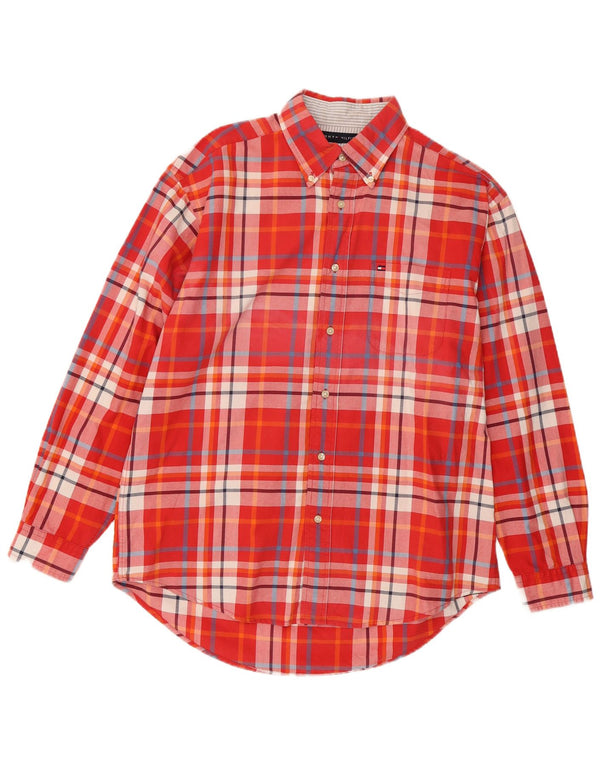 Camisa masculina Tommy Hilfiger média xadrez vermelha de algodão