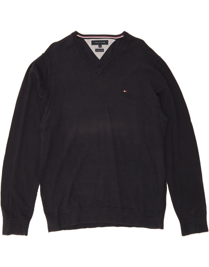 TOMMY HILFIGER Mens V-Neck Jumper Sweater XL Navy Blue Cotton Vintage Tommy Hilfiger and Second-Hand Tommy Hilfiger from Messina Hembry 