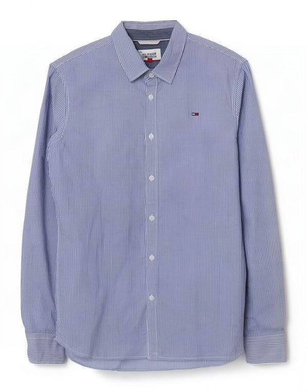 Tommy Hilfiger Camisa masculina slim fit de algodão listrado azul médio