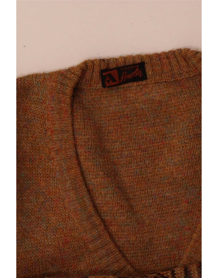 Suéter masculino vintage com decote em V médio marrom Fair Isle acrílico