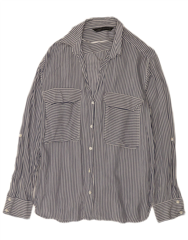 Camisa feminina Zara Reino Unido 14 risca de giz azul marinho médio