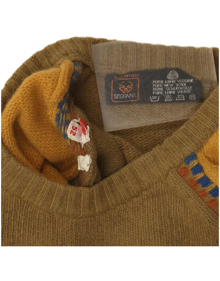 Suéter masculino Stefanel com gola redonda IT 52 grande lã colorblock cáqui