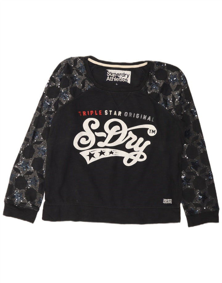 Suéter gráfico feminino SUPERDRY UK 16 grande algodão preto