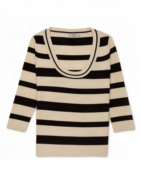 Top feminino Zara manga 3/4 Reino Unido 14 grande listrado branco poliamida