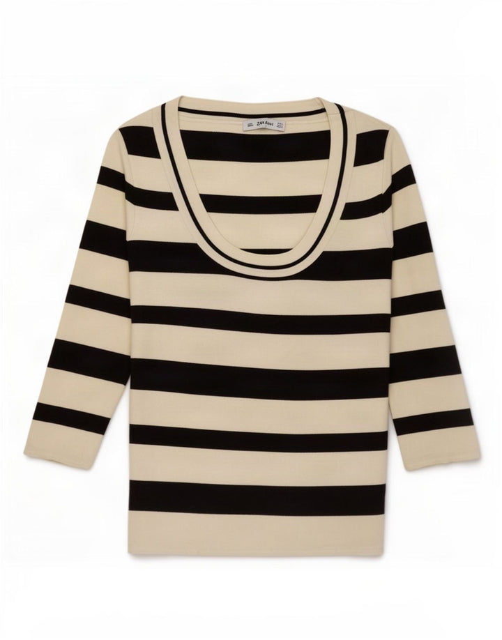 Top feminino Zara manga 3/4 Reino Unido 14 grande listrado branco poliamida
