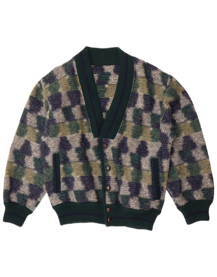 Suéter cardigã masculino vintage médio verde geométrico