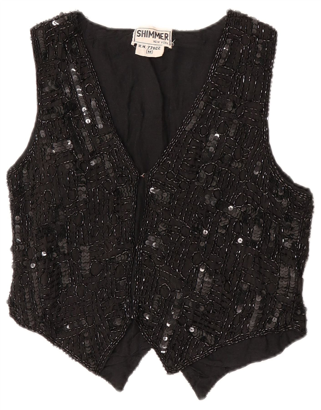 Colete feminino vintage de lantejoulas UK 12 seda preta média