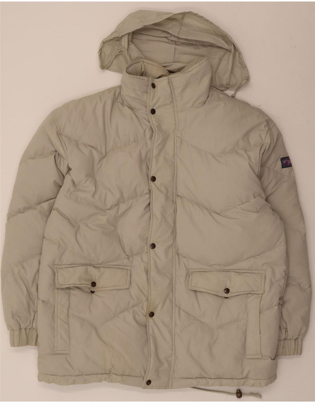 Jaqueta acolchoada com capuz masculina vintage UK 42 XL poliéster bege